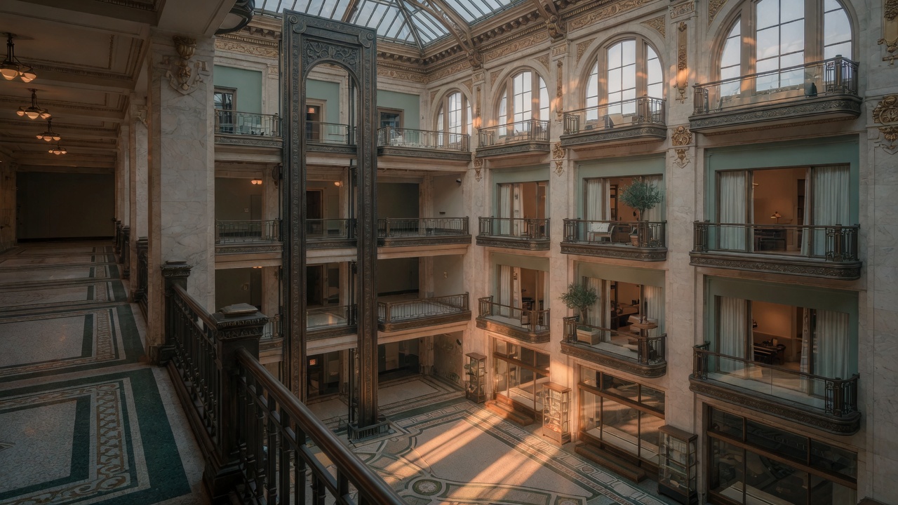 Escalators once carried crowds past perfume counters and glass cases at Wanamaker’s in Philadelphia; today those same shafts frame private balconies where residents watch daylight slide across preserved terrazzo.