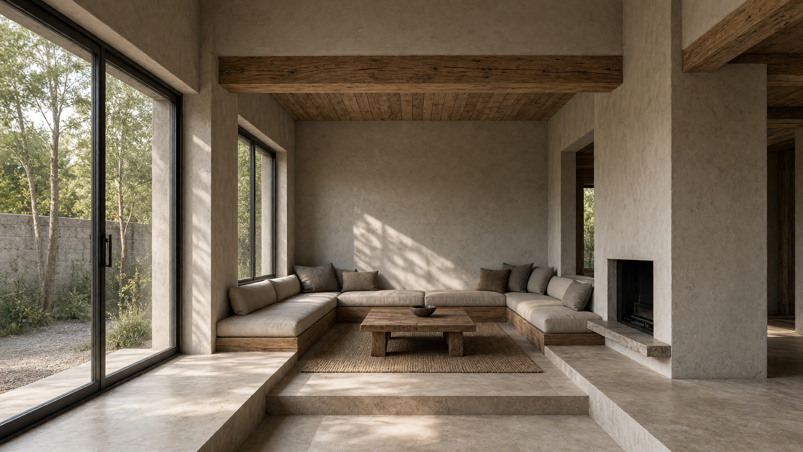 Sunken living rooms: a timber lintel cut flush with the plaster