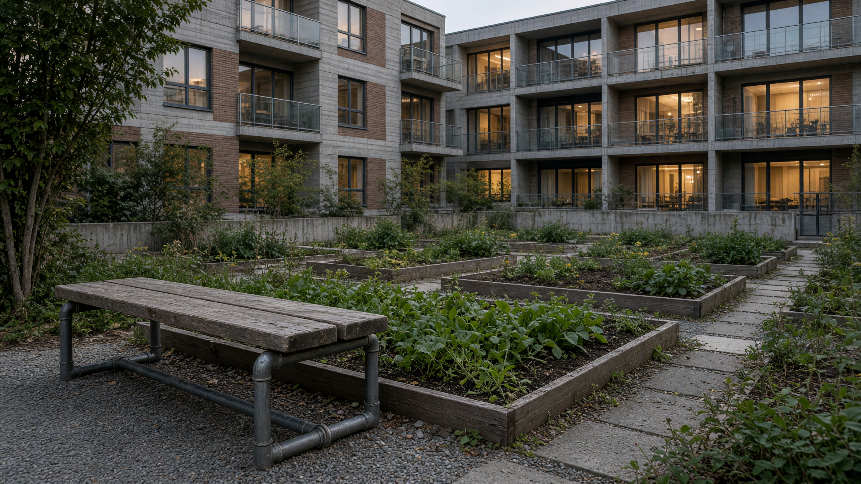 A bench built from two boards and a length of pipe sits at the edge of the plot.