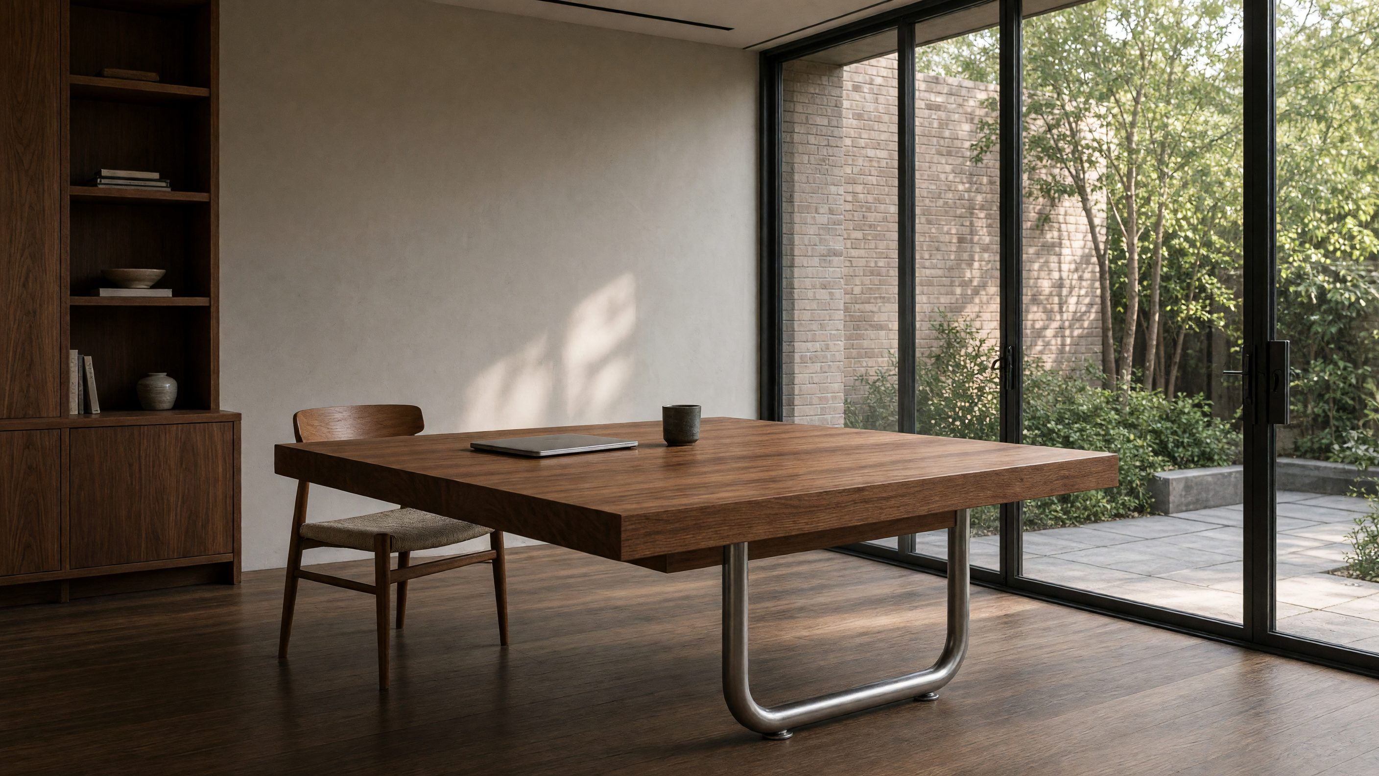 A walnut desk with a single steel tube leg