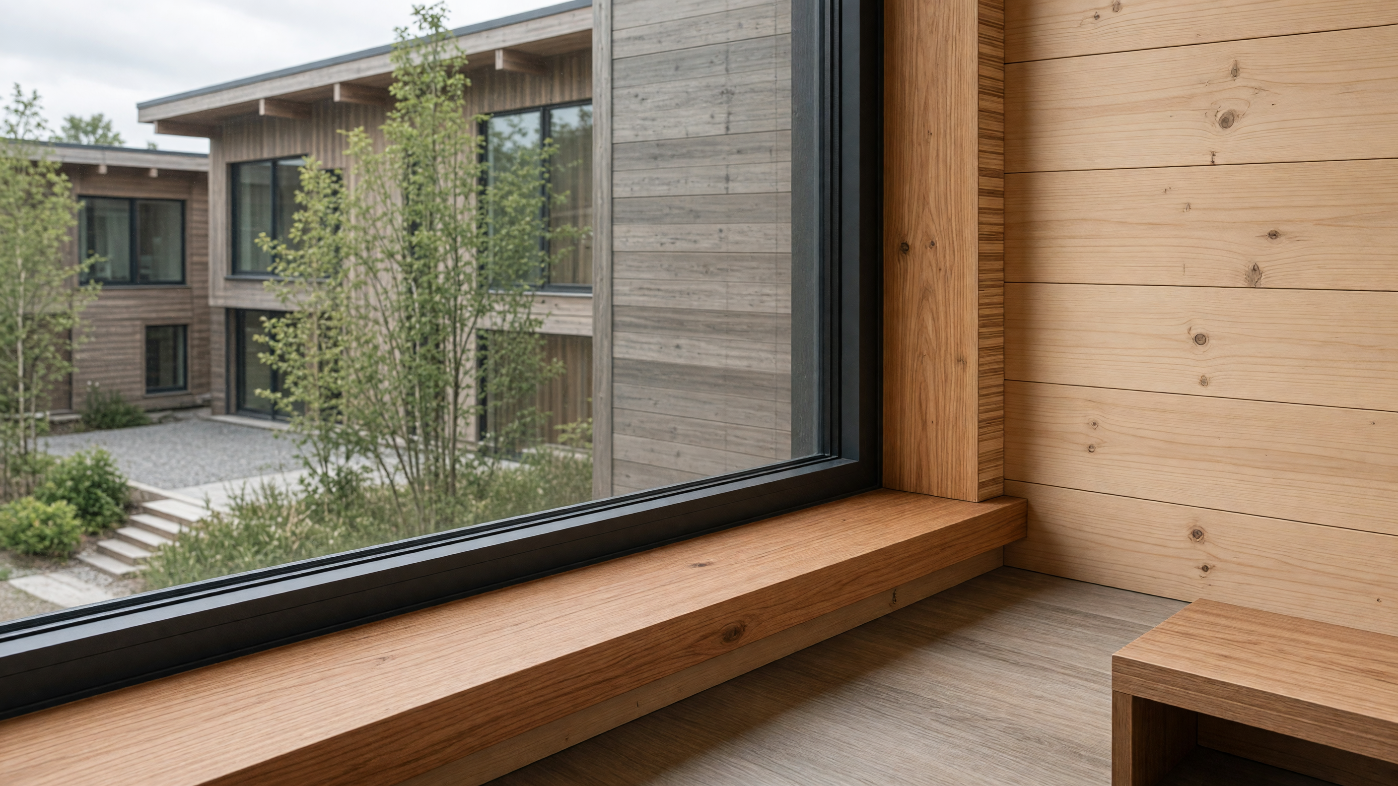 A cedar sill under the window that meets the timber wall