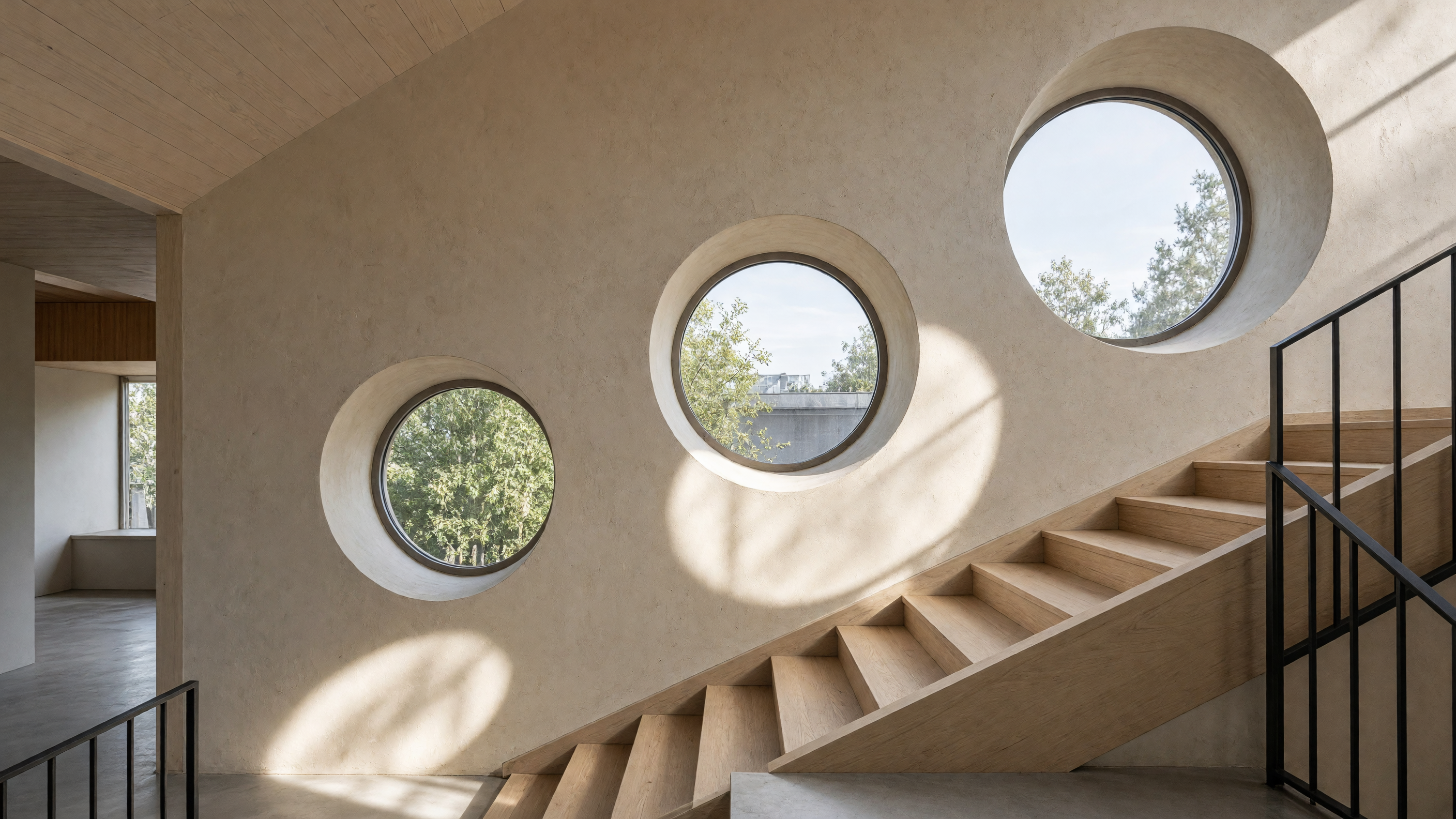 Round windows in a sunlit stairwell