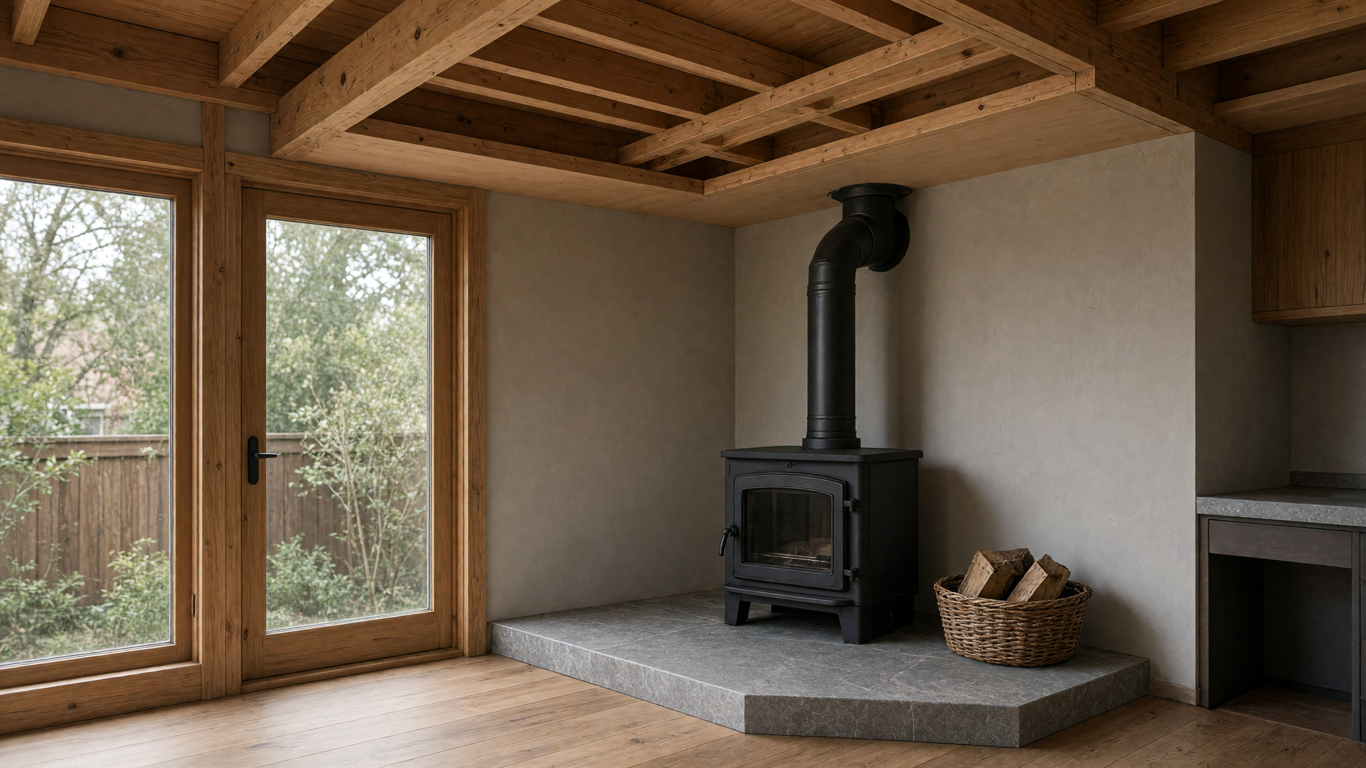 A pair of 2x6 joists that frame the opening for the corner wood stove