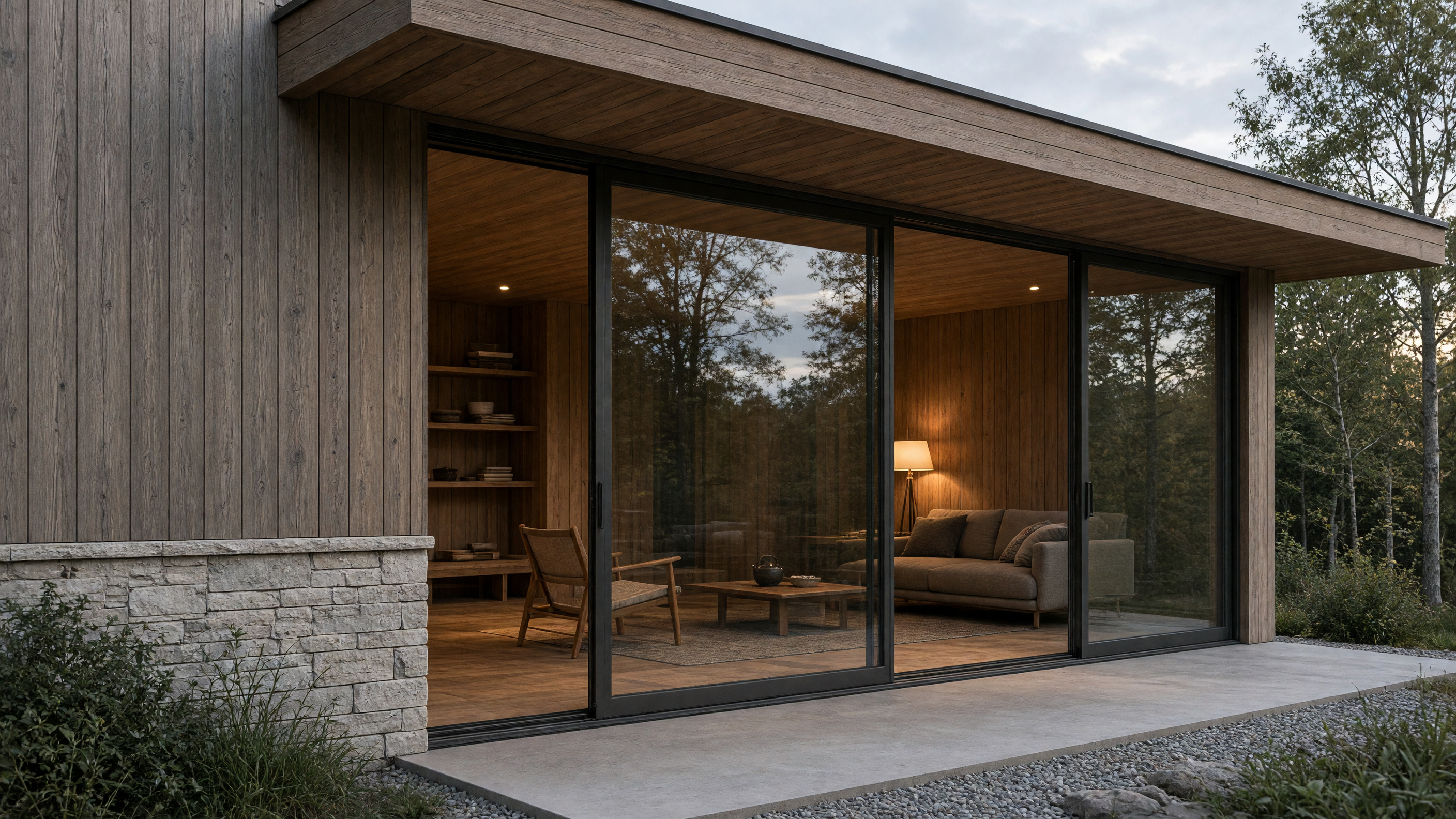 A pair of sliding doors set flush with the outer face of the porch wall