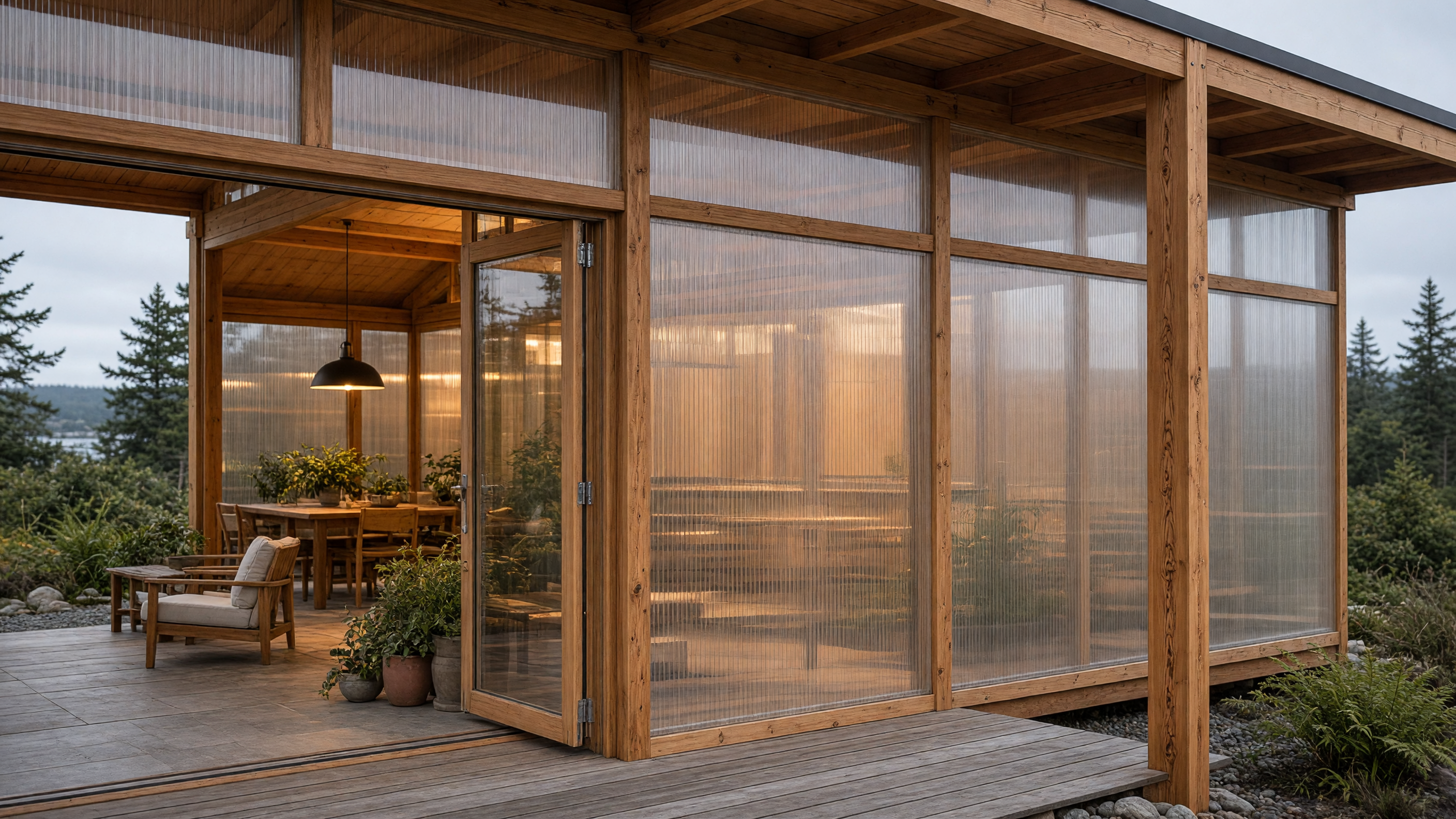 Polycarbonate sheets set in cedar frames