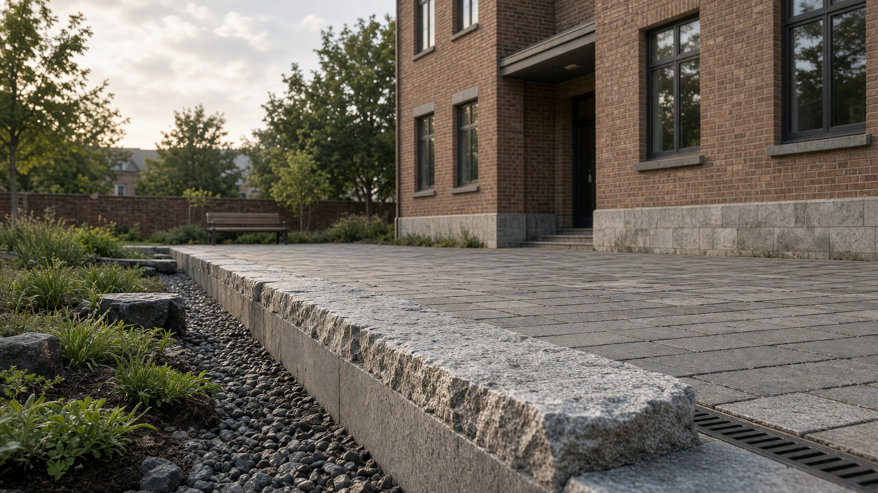 Granite curb stones were cut down to meet the new pavers, their tops left rough where the saw stopped.