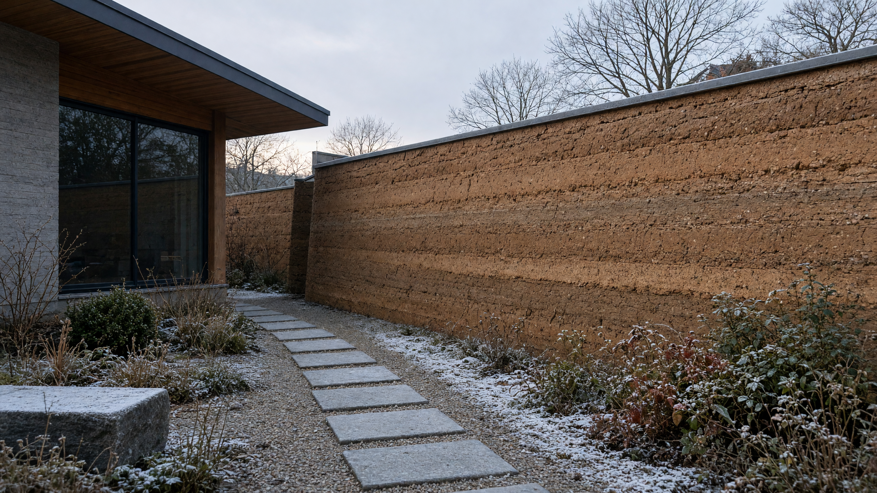 Rammed-earth walls that keep the ground warm under a late frost
