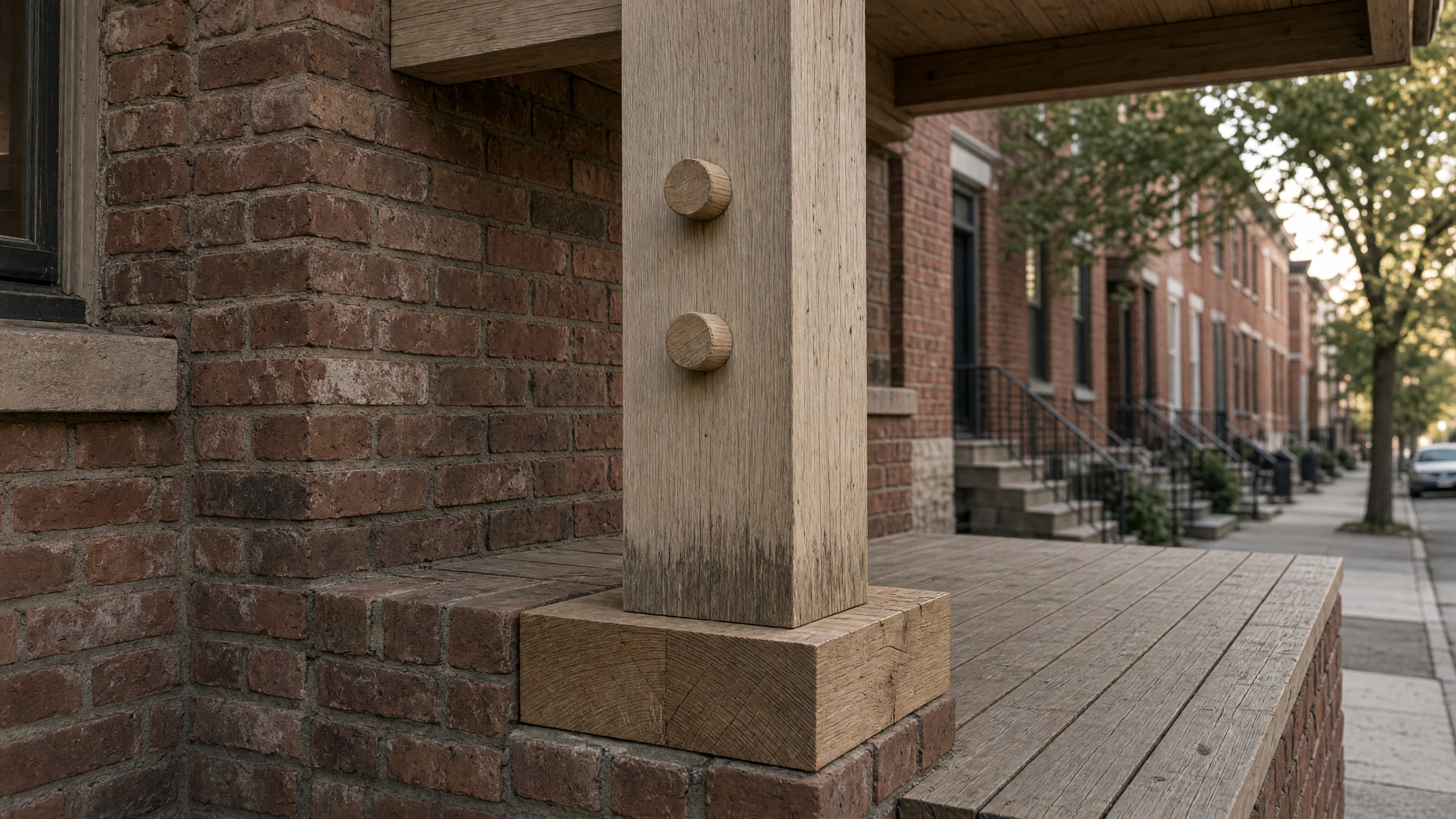 A porch post set into a new base plate shows end grain that has already begun to darken from the first summer’s rain. The plate itself is a short length of pressure-treated oak, let into the existing brick cheek so its top sits flush with the new deck surface. The post bears directly on it, secured only by a pair of oak pegs driven through the tenon. No metal shoe interrupts the grain or traps water against the end.