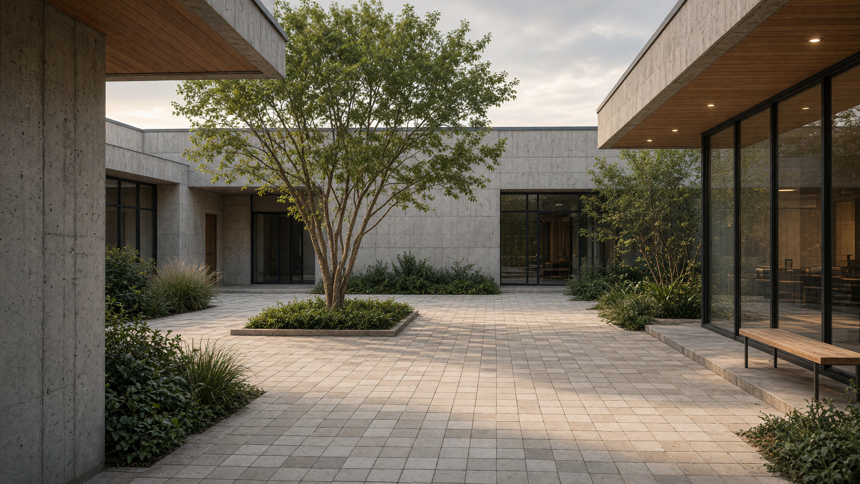 A courtyard floor of pale limestone, cut in small squares and left unpolished