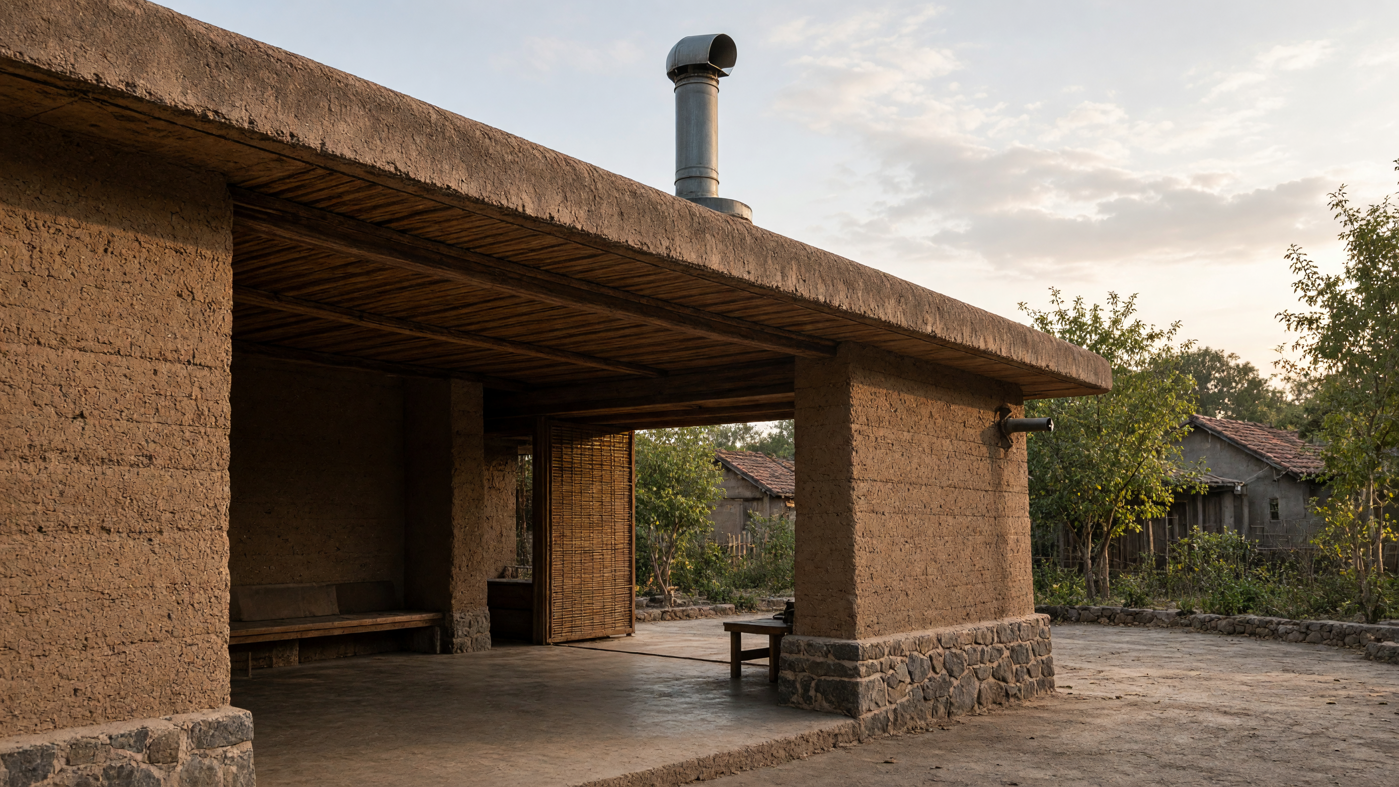 A single vent pipe rises through the roof slab and ends in a small wind cowl that turns with each change in breeze.